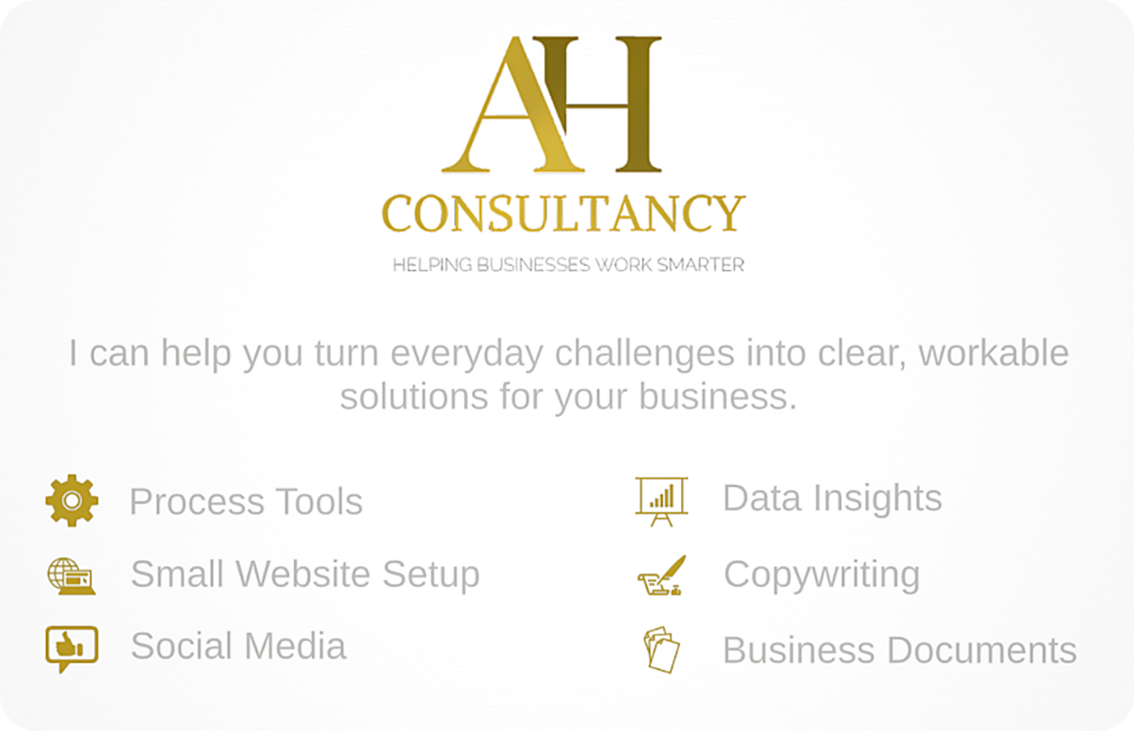 Front of AH Consultancy business card